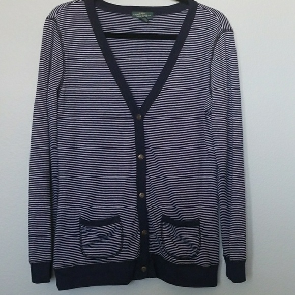LRL Preppy Academia Nautical blue striped snap front cotton cardigan small - Picture 1 of 6